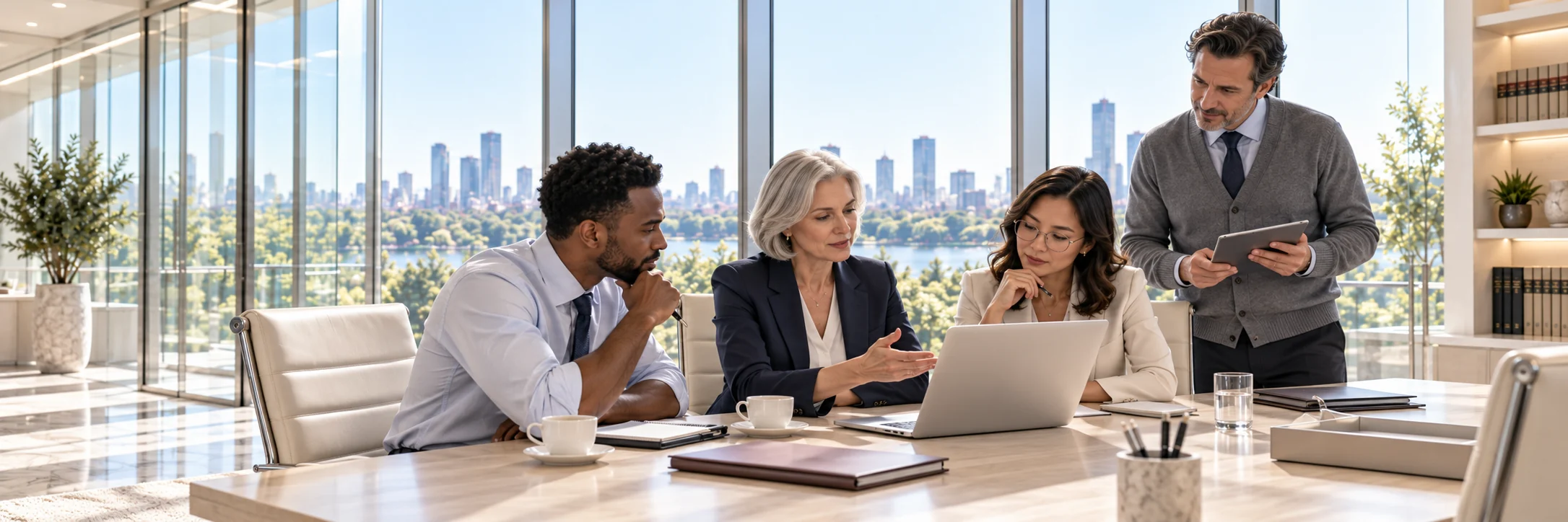 Illustration: a deal team of four, a partner, two associates and a paralegal, starting a new deal around a conference table on a bright morning