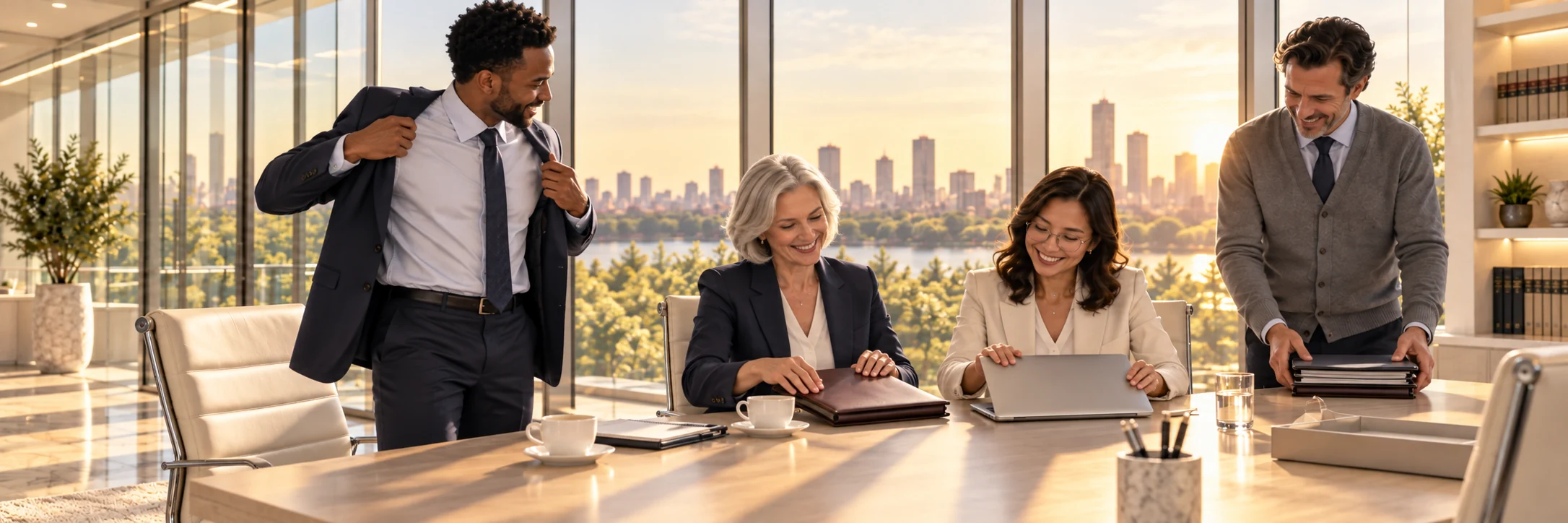 Illustration: the same deal team in the same room in late-afternoon light, smiling as they close the folder and laptop and head home on time